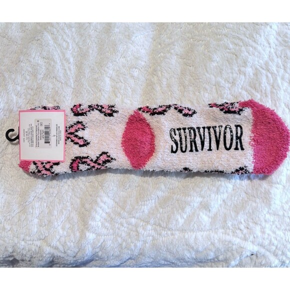 Breast Cancer Awareness Survivor Socks Pink Ribbon Fuzzy Cozy Women 5-9 - Picture 2 of 4